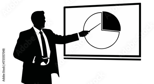 Dynamic business leader passionately presents key financial data using a pie chart, perfect for illustrating market share and strategic growth.