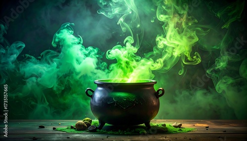 Ethereal Green Smoke Billows from a Mystical Cauldron on a Wooden Surface
