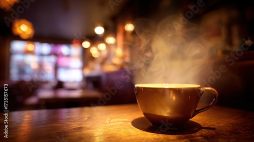 pause. A close-up view of a coffee cup with steam rising, set against a blurred, cozy backdrop. bar promotions, beverage menus, designed for food & beverage menus and cafe branding.