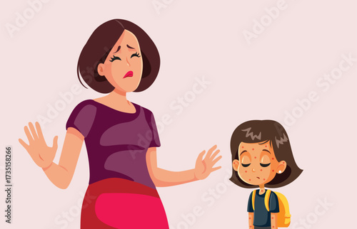 Mother Afraid her Daughter Caught a Disease in School Vector Cartoon. Mom discovers suspicious red dots on her daughter coming from school 