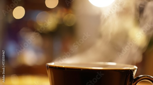 pause. A close-up view of a coffee cup with steam rising, set against a blurred, cozy backdrop. bar promotions, beverage menus, designed for food & beverage menus and cafe branding.