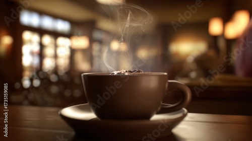 pause. A close-up view of a coffee cup with steam rising, set against a blurred, cozy backdrop. bar promotions, beverage menus, designed for food & beverage menus and cafe branding.