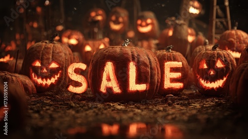 pumpkins lanterns with carved faces arranged with the word sale written across them creating a spooky seasonal halloween promotion atmosphere
