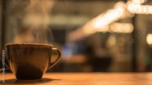 pause. A close-up view of a coffee cup with steam rising, set against a blurred, cozy backdrop. bar promotions, beverage menus, designed for food & beverage menus and cafe branding.