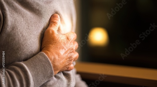 An elderly man holds his chest, showing signs of pain or internal illness.