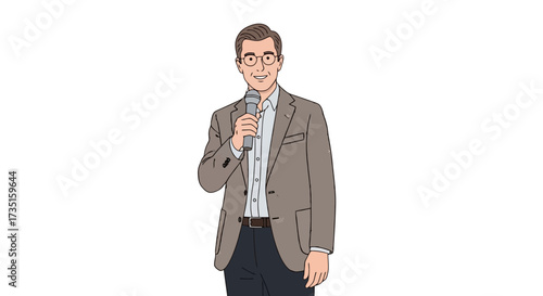 Confident speaker delivering a presentation with a microphone, ideal for illustrating public speaking, business conferences, or educational webinars.