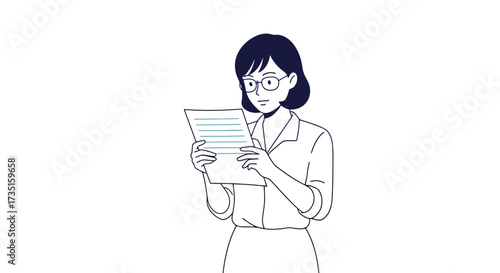 Illustration of a focused woman reading a document for business, education, or personal tasks, suitable for conveying professionalism and attention to detail.