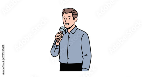 Animated male speaker delivering speech, holding microphone, isolated on white, suitable for presentation slides, educational materials, or business communication visuals.