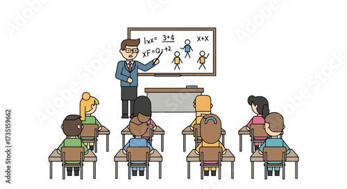 Engaging Classroom Illustration Depicting Teacher Explaining Math to Students, Ideal for Educational Resources and Promoting Learning.