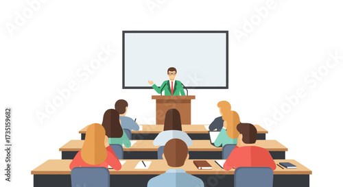 Engaging classroom illustration featuring a teacher giving a lecture to students in a learning environment, suitable for educational or training-related visual content