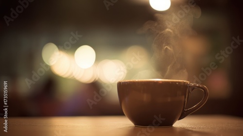 pause. A close-up view of a coffee cup with steam rising, set against a blurred, cozy backdrop. bar promotions, beverage menus, designed for food & beverage menus and cafe branding.