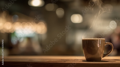 pause. A close-up view of a coffee cup with steam rising, set against a blurred, cozy backdrop. bar promotions, beverage menus, designed for food & beverage menus and cafe branding.
