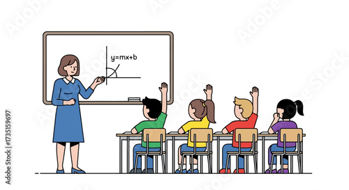 Classroom scene depicting a teacher explaining a graph on a whiteboard to students with raised hands, suitable for educational materials and learning resources.