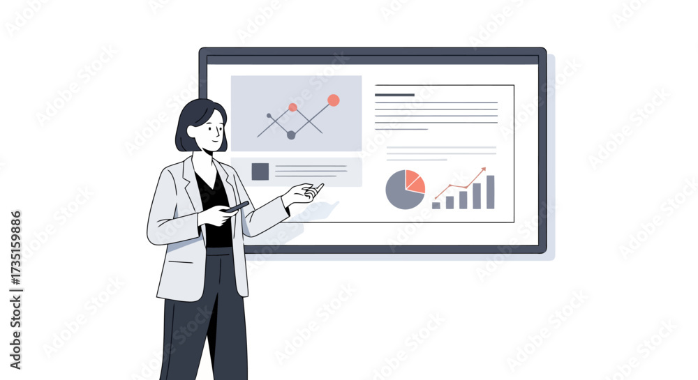 Fototapeta premium Businesswoman Presenting Data on a Large Screen, Ideal for Illustrating Business Presentations, Corporate Strategy, and Financial Analysis in Presentations