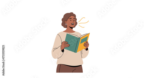 Illustration of a Woman Reading a Book Aloud with Voice Emanating. Ideal for educational content, literacy campaigns, language learning materials, and storytelling promotions.