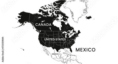 Geographical political map of North America, highlighting Canada, the United States, and Mexico, illustrating continental borders and regional significance
