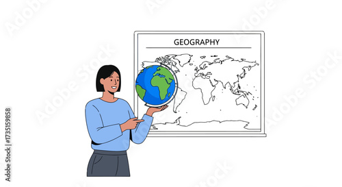 Animated Geography Lesson Featuring a Female Teacher and World Map for Educational Presentations and Curriculum Development Projects.