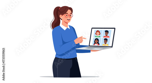 Virtual Team Meeting Illustration Featuring a Woman Presenting to Diverse Participants on a Laptop Screen for Remote Collaboration and Online Education.
