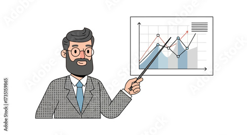 Cartoon illustration of a business professional presenting a line graph, suitable for infographics, presentations, and financial analysis depictions.