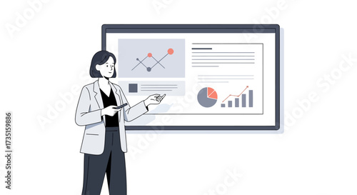 Businesswoman Presenting Data on a Large Screen, Ideal for Illustrating Business Presentations, Corporate Strategy, and Financial Analysis in Presentations