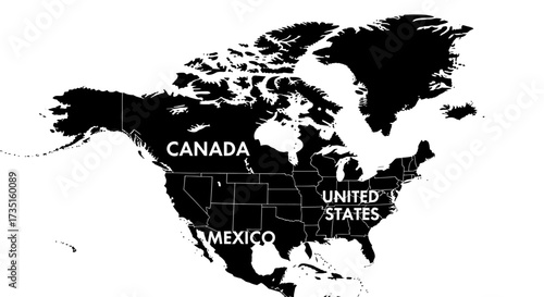 North America A Detailed Black and White Map Displaying Countries and Boundaries