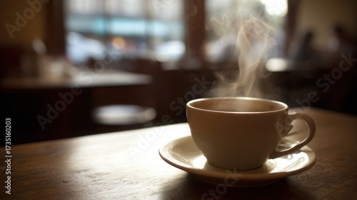 pause. A close-up view of a coffee cup with steam rising, set against a blurred, cozy backdrop. bar promotions, beverage menus, designed for food & beverage menus and cafe branding.