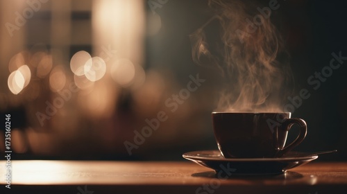 pause. A close-up view of a coffee cup with steam rising, set against a blurred, cozy backdrop. bar promotions, beverage menus, designed for food & beverage menus and cafe branding.