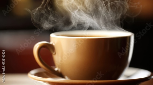 pause. A close-up view of a coffee cup with steam rising, set against a blurred, cozy backdrop. bar promotions, beverage menus, designed for food & beverage menus and cafe branding.