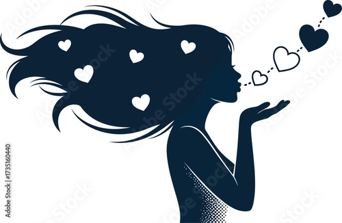 Woman blowing hearts silhouette love valentine romance design