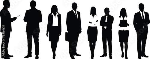 Business silhouettes, office staff standing, teamwork concept, corporate professionals, leadership, unity, management group, partnership, success, collaboration, formal attire