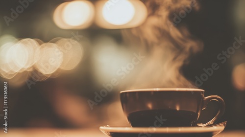 pause. A close-up view of a coffee cup with steam rising, set against a blurred, cozy backdrop. bar promotions, beverage menus, designed for food & beverage menus and cafe branding.