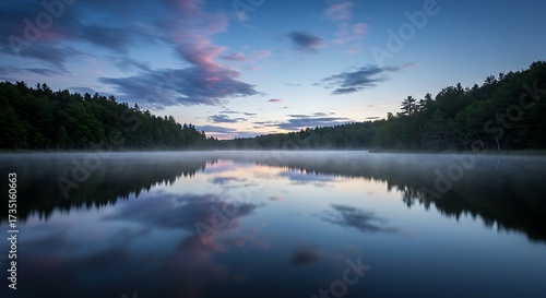 Misty forest lake at dawn, reflecting vibrant twilight sky and trees. Serene natural landscape with fog.