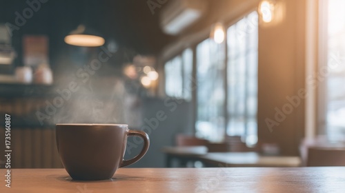 pause. A close-up view of a coffee cup with steam rising, set against a blurred, cozy backdrop. bar promotions, beverage menus, designed for food & beverage menus and cafe branding.