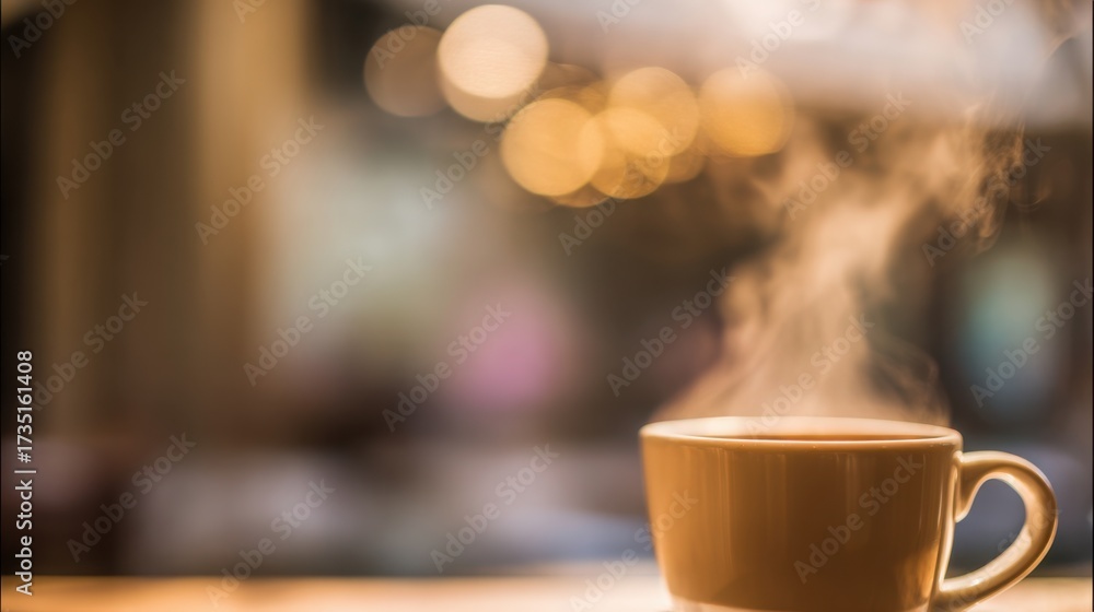 Obraz premium pause. A close-up view of a coffee cup with steam rising, set against a blurred, cozy backdrop. bar promotions, beverage menus, designed for food & beverage menus and cafe branding.