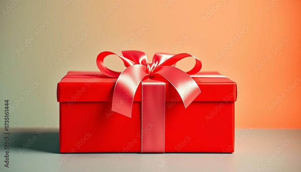 Fototapeta premium A vibrant red gift box with a satin ribbon, ready for presentation, birthday gift, bright