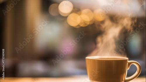 pause. A close-up view of a coffee cup with steam rising, set against a blurred, cozy backdrop. bar promotions, beverage menus, designed for food & beverage menus and cafe branding.