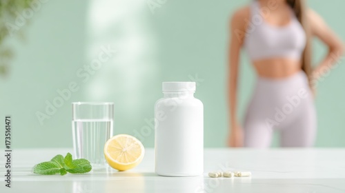 Wellness Ritual: A symbolic image, of health and vitality, featuring a refreshing glass of water and the citrusy zest of lemon. Set on a clean surface, and accompanied by mint and capsules.