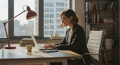 Businesswoman works on laptop at home office