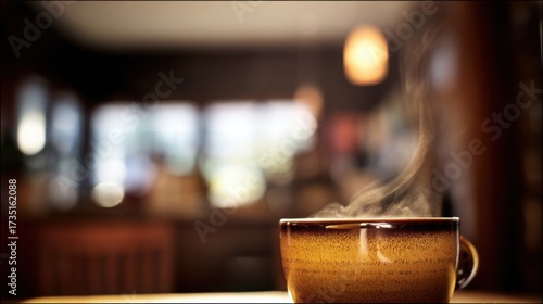 pause. A close-up view of a coffee cup with steam rising, set against a blurred, cozy backdrop. bar promotions, beverage menus, designed for food & beverage menus and cafe branding.