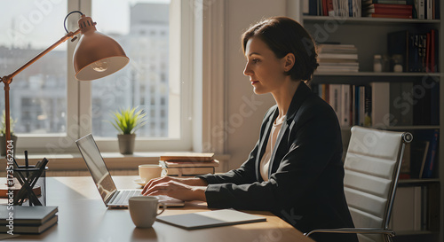 Businesswoman Works on Laptop at Home Office