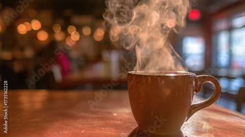 pause. A close-up view of a coffee cup with steam rising, set against a blurred, cozy backdrop. bar promotions, beverage menus, designed for food & beverage menus and cafe branding.
