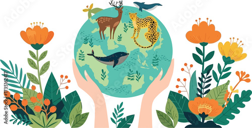 Protecting our planet's wildlife is vital as hands cradle the Earth with deer, leopard, whales, and flowers in a beautiful, vibrant, and hopeful design