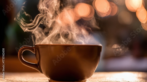 pause. A close-up view of a coffee cup with steam rising, set against a blurred, cozy backdrop. bar promotions, beverage menus, designed for food & beverage menus and cafe branding.
