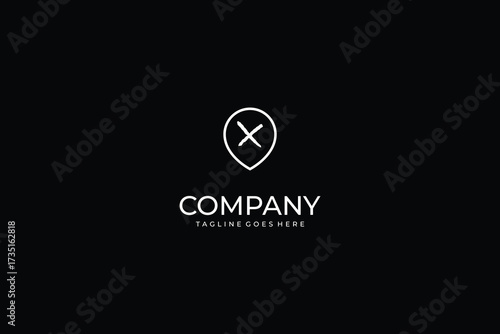Map pin cross logo design, location marker icon with X, simple GPS navigation symbol, geotagging error emblem, minimal outline place illustration.