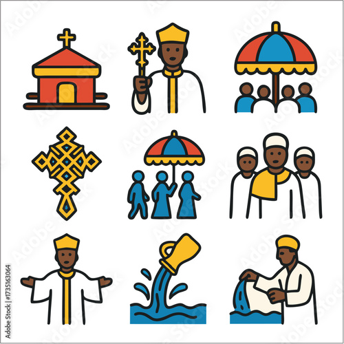 Flat Icon Set, Timkat Festival Icons in Bold Ethiopian Orthodox Style