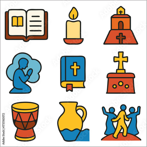 Flat Icon Set, Timkat Festival Icons in Bold Ethiopian Orthodox Style