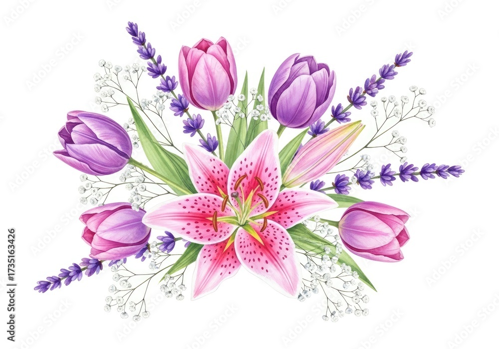 Obraz premium Watercolor Bouquet with Pink Lily, Purple Tulips, Lavender, and White Gypsophila