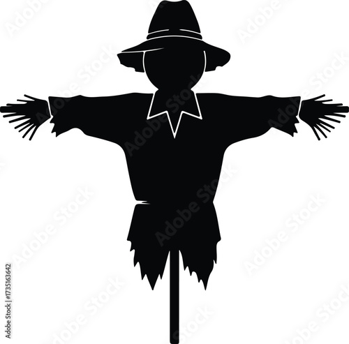 Illustrator Vector Scarecrow with straw hands in a field silhouette