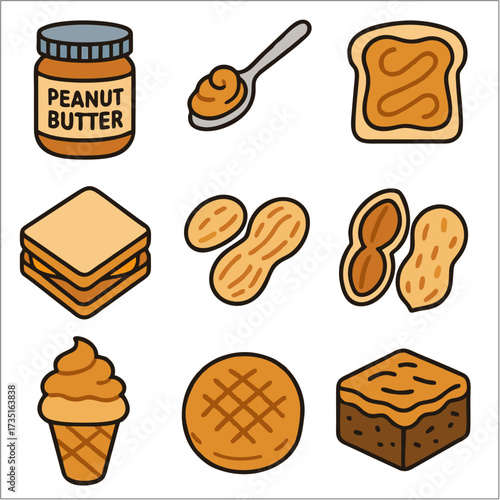 Flat Icon Set, Peanut Butter Lovers Month Food & Snack Symbols