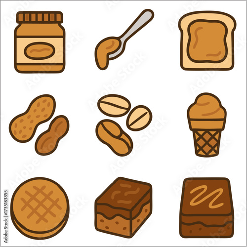 Flat Icon Set, Peanut Butter Lovers Month Food & Snack Symbols